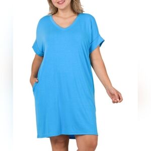 Zenana Plus Sky Blue V-Neck Rolled Short Sleeve Dress with Pockets